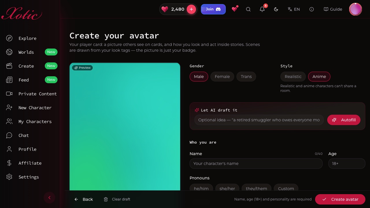 The avatar editor with identity fields, look tags and portrait